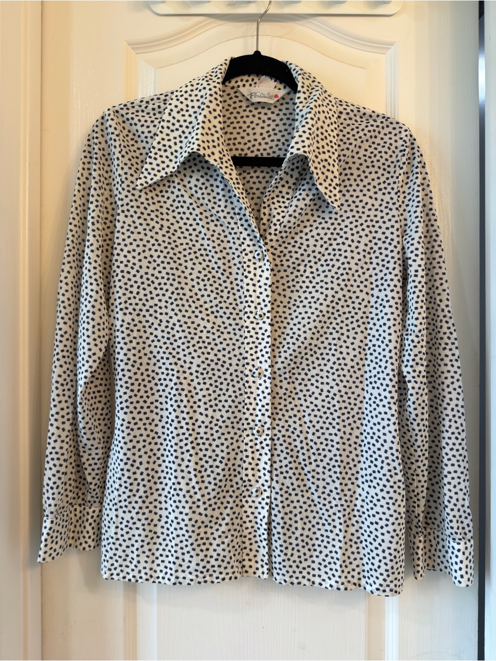 Vintage Polka Dot Button-Up Blouse in White and Navy
